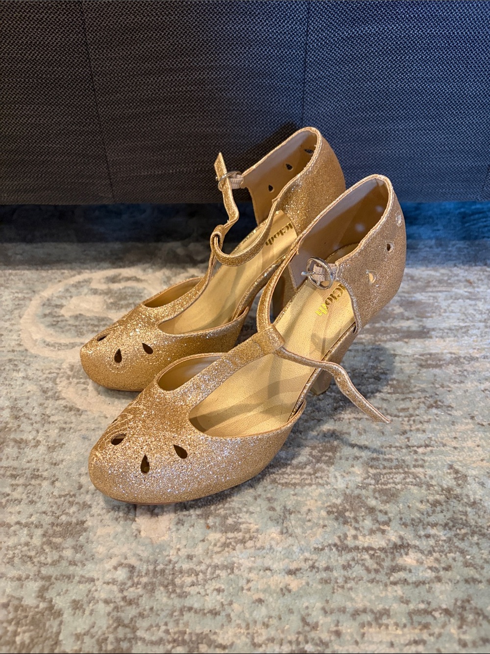 ModCloth Gold Glitter T-Strap Peep-Toe Heels